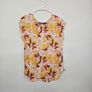 TAHARI Womens Large Floral Flower T-shirt Top 100% Linen Spring Boho EUC